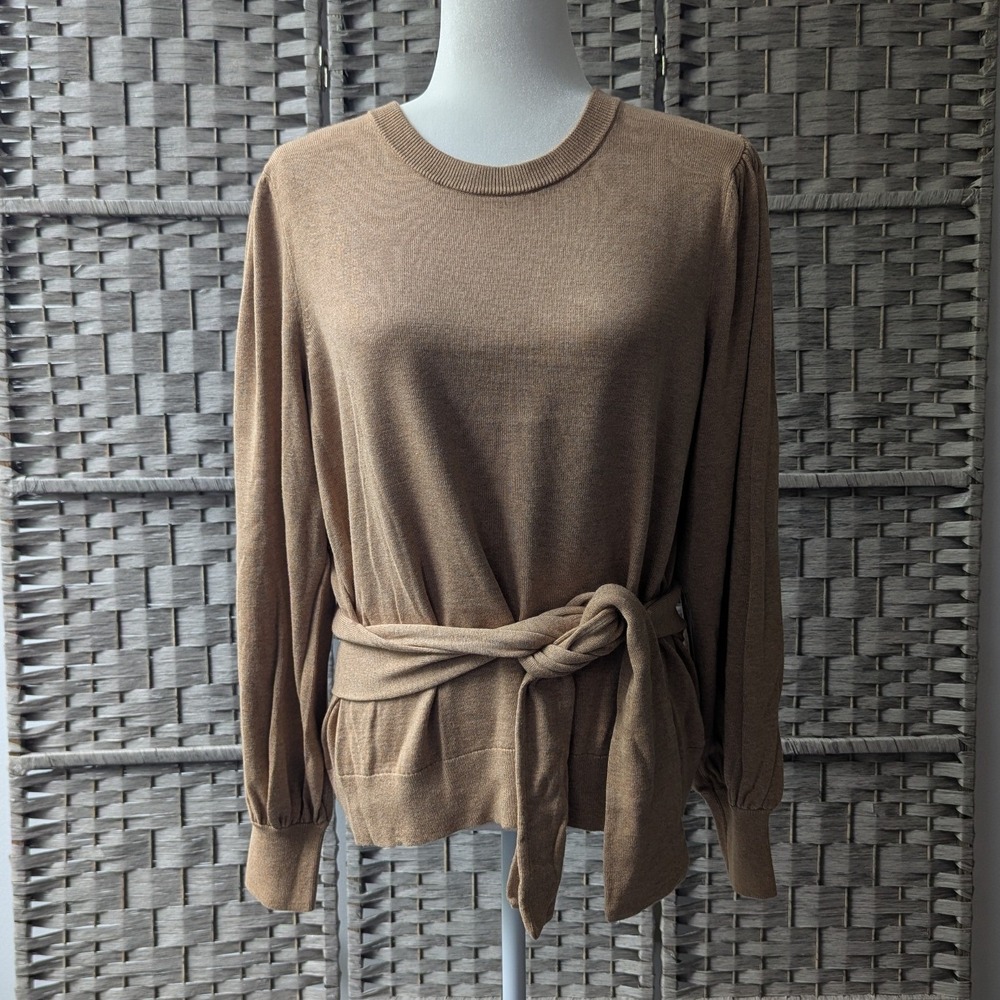 Lauren Ralph Lauren Sweater Tan Wrap Tie Puff Sleeve Sz XL Chic Minimalist